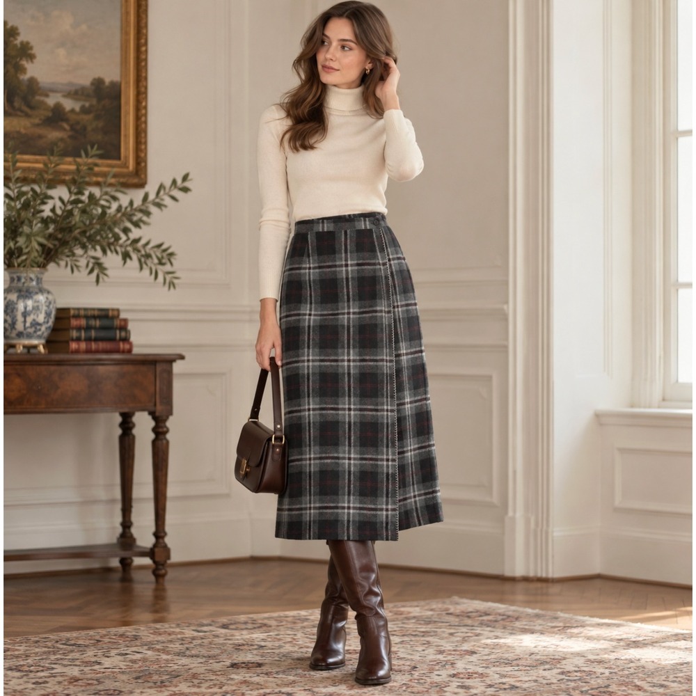 Vintage M L Plaid Midi Skirt Blanket Wrap Preppy Christmas Academia 90s Tartan